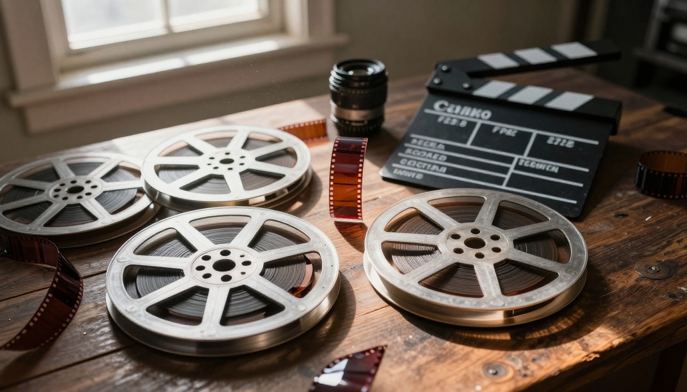 Close-up overhead shot of vintage film reels, clapperboard, and film strips on walnut wood