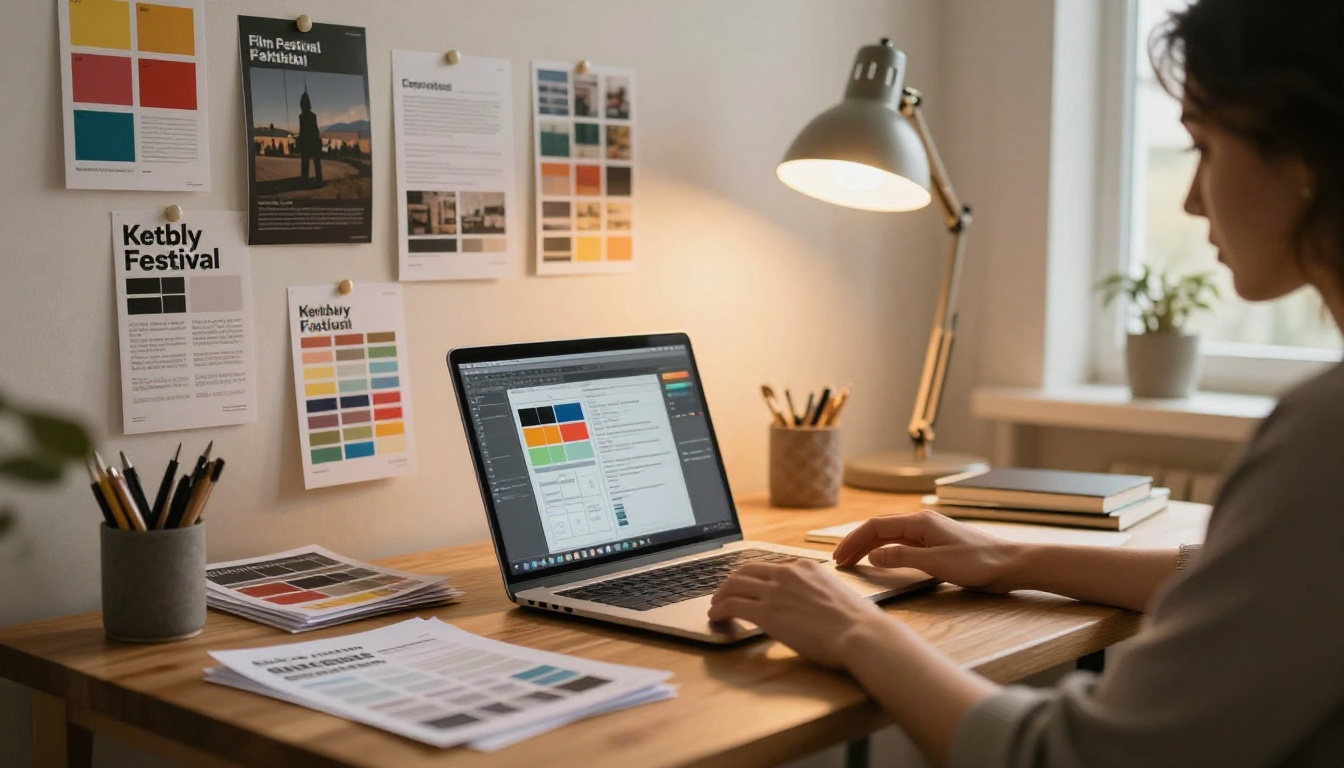 Graphic designer at a studio desk working on festival branding materials and program mockups
