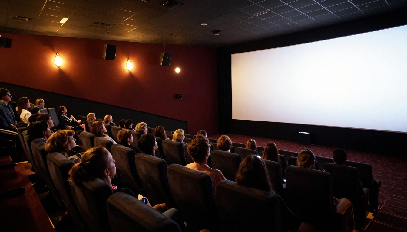Full cinema theater with audience silhouettes against bright projection screen light