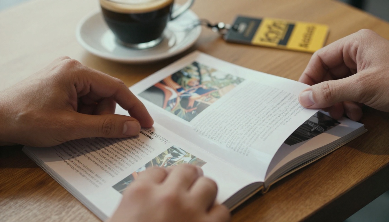 Elegant hands flipping through a glossy film festival program booklet on a café table Elegant hands flipping through a glossy film festival program booklet on a café table