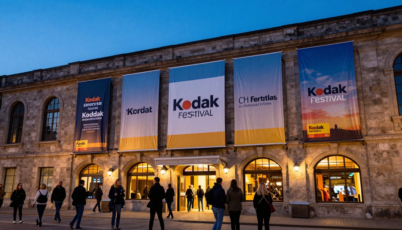 Film festival venue exterior at twilight with branded sponsor banners and festival goers at entrance Film festival venue exterior at twilight with branded sponsor banners and festival goers at entrance