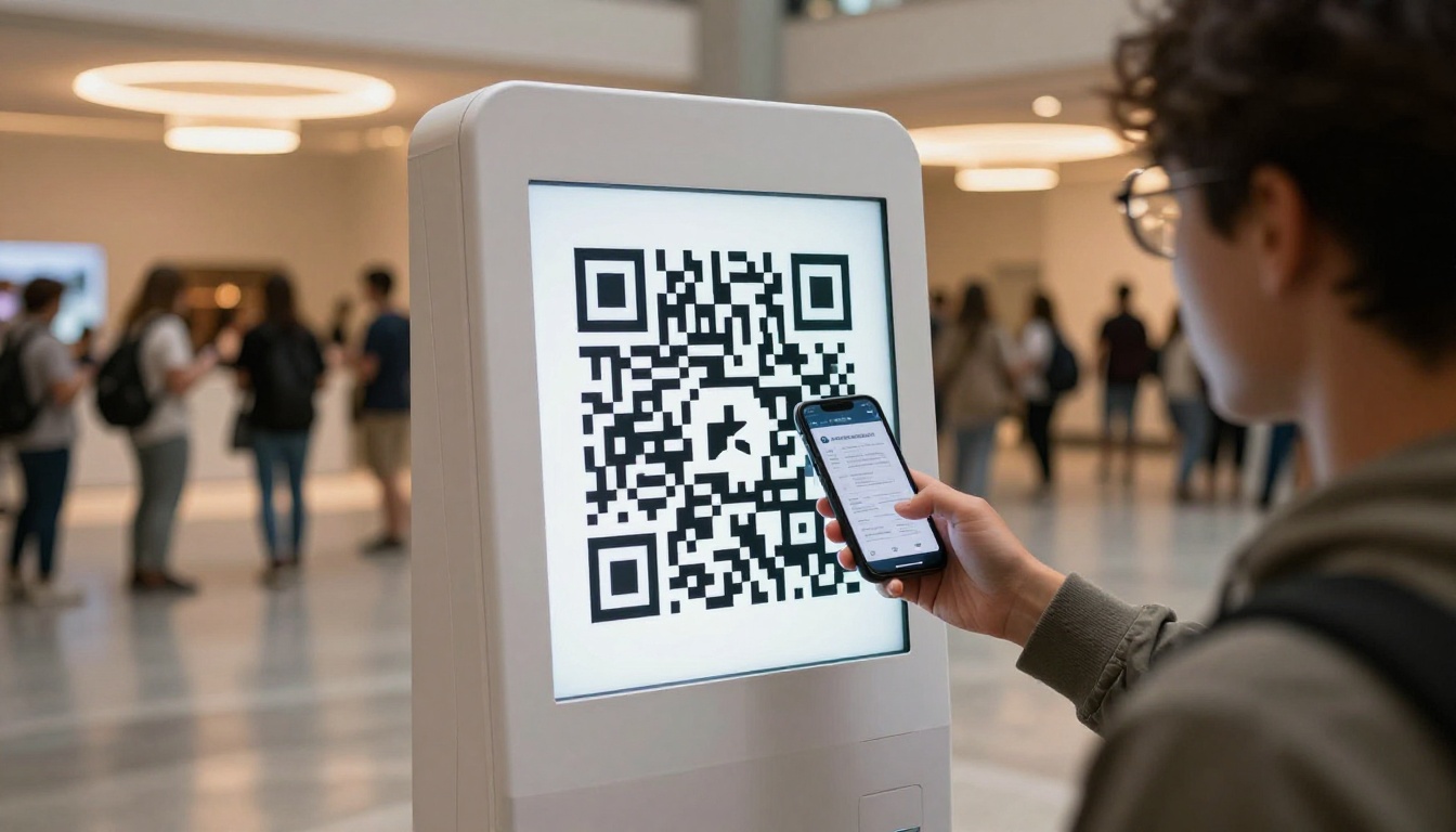 Festival attendee scanning a QR code at a digital kiosk in a minimalist festival lobby Festival attendee scanning a QR code at a digital kiosk in a minimalist festival lobby