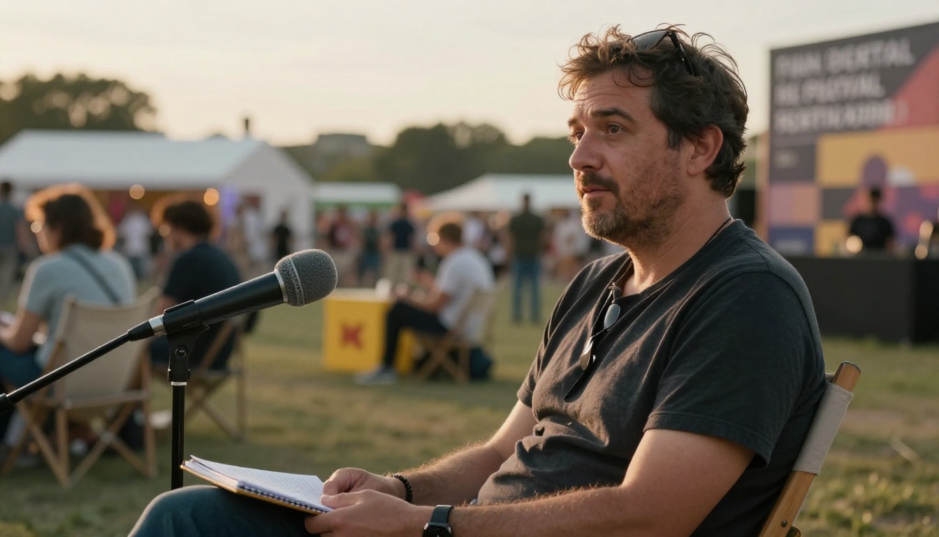 Filmmaker being interviewed at a film festival press area with warm afternoon rim lighting Filmmaker being interviewed at a film festival press area with warm afternoon rim lighting