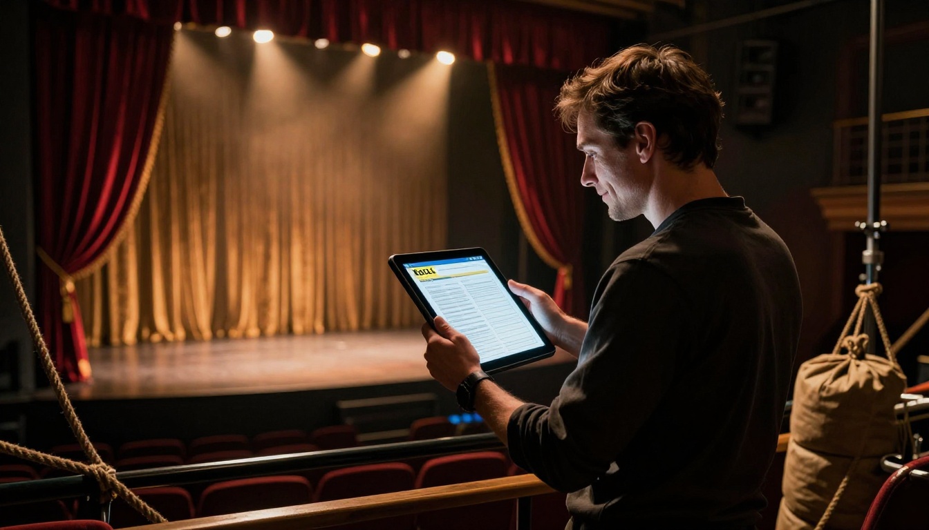 Theater director backstage holding a tablet showing a digital flipbook of a playbill Theater director backstage holding a tablet showing a digital flipbook of a playbill