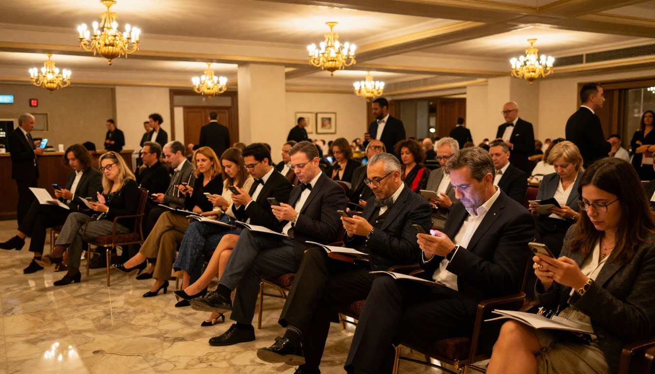Elegantly dressed theater lobby audience browsing digital programs on smartphones before showtime Elegantly dressed theater lobby audience browsing digital programs on smartphones before showtime