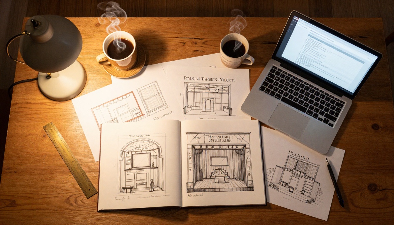 Aerial top-down flat lay of a theater production design table with open program, laptop, and sketches Aerial top-down flat lay of a theater production design table with open program, laptop, and sketches