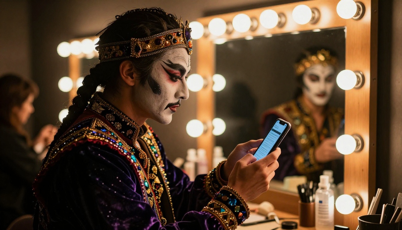 A performer in elaborate stage costume checking a digital program on a smartphone backstage
