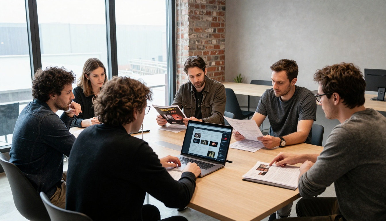 A diverse theater company team gathered around a conference table reviewing programs and a digital flipbook on a laptop