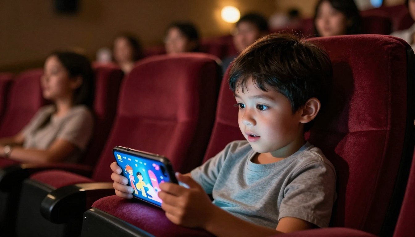 Child in a burgundy theater seat looking at a colorful digital program on a glowing smartphone