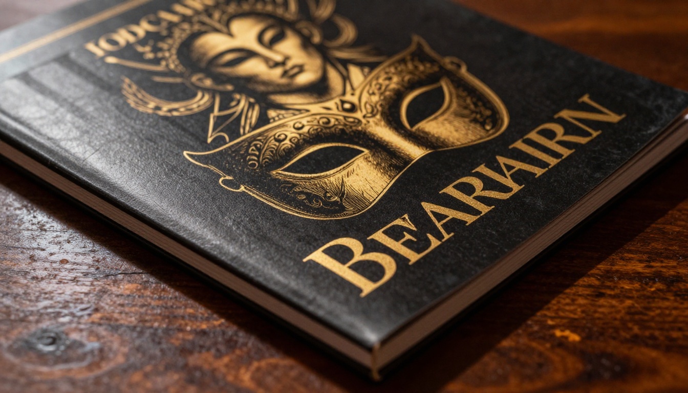 Close-up of an elegant theater program cover with bold serif typography resting on dark mahogany wood