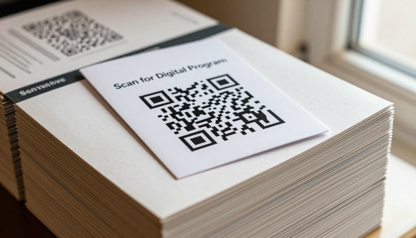 QR code card resting on a neatly stacked pile of printed theater programs on a counter QR code card resting on a neatly stacked pile of printed theater programs on a counter