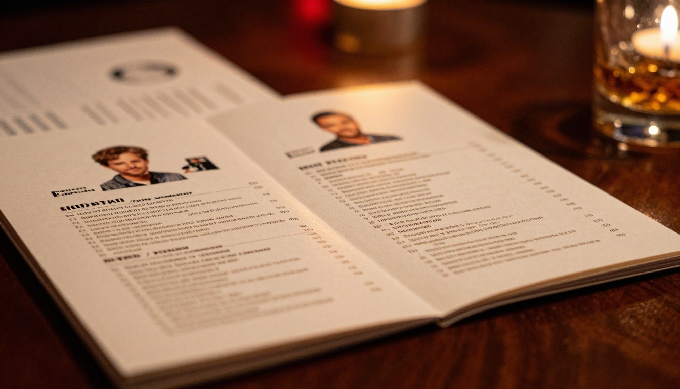 Open comedy show event program booklet on a club table with candlelight