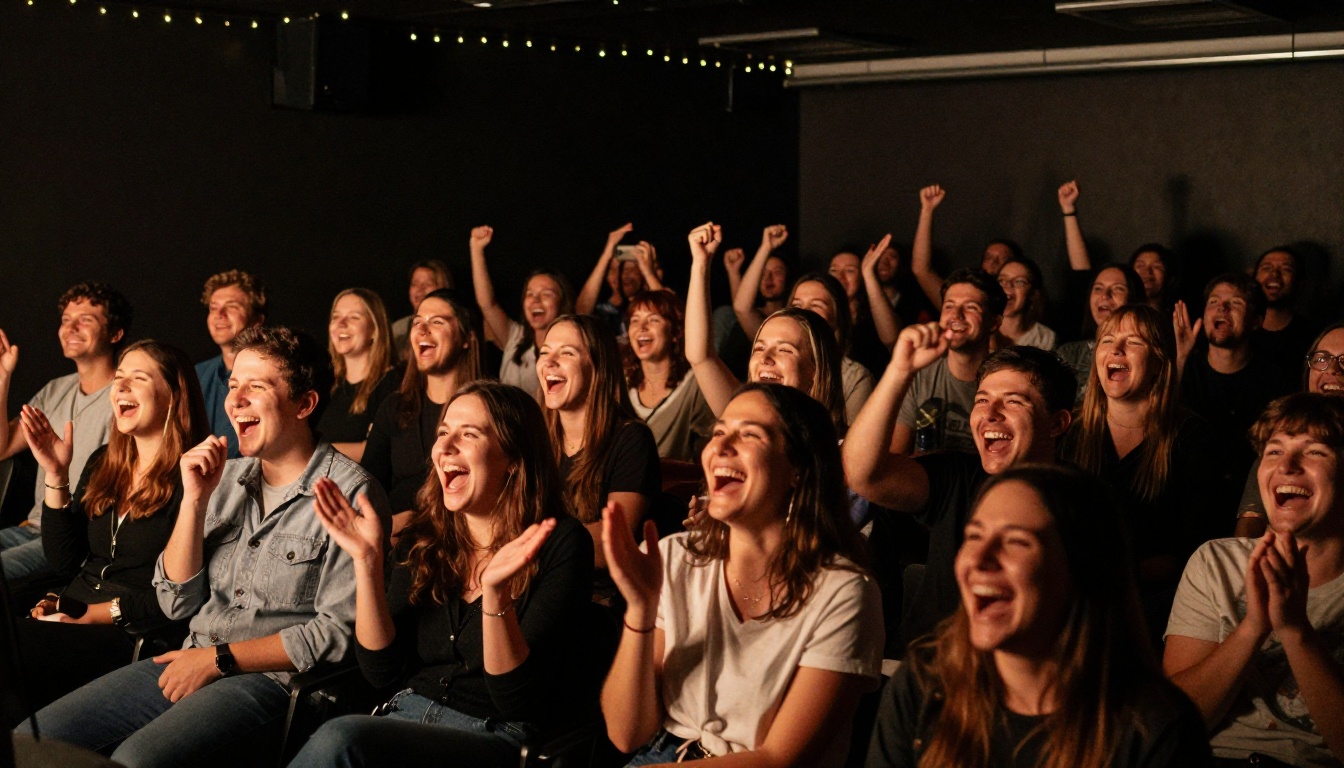 Packed comedy club audience erupting in laughter