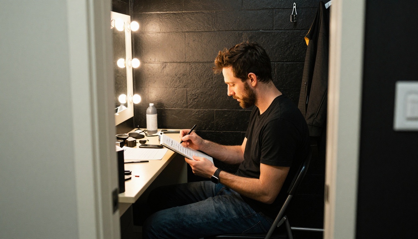 Comedian backstage reviewing notes in dressing room before performance