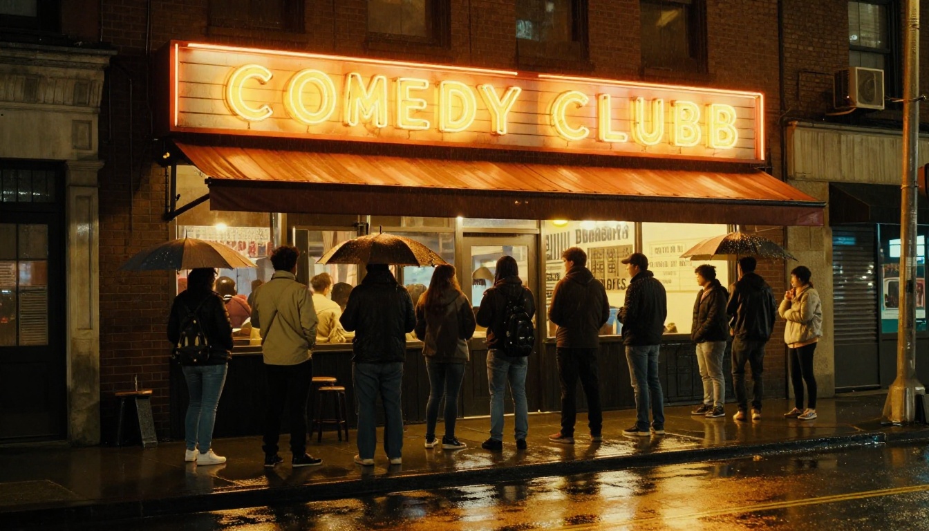 Comedy club exterior at night with glowing marquee sign and rainy sidewalk reflections