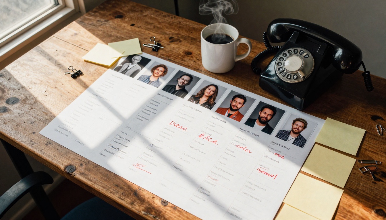 Overhead flat-lay of comedy show planning desk with lineup sheet and comedian headshots