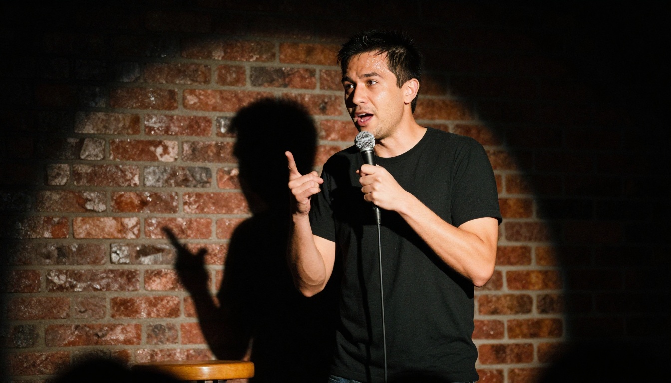 Stand-up comedian mid-performance under spotlight with dramatic chiaroscuro shadows