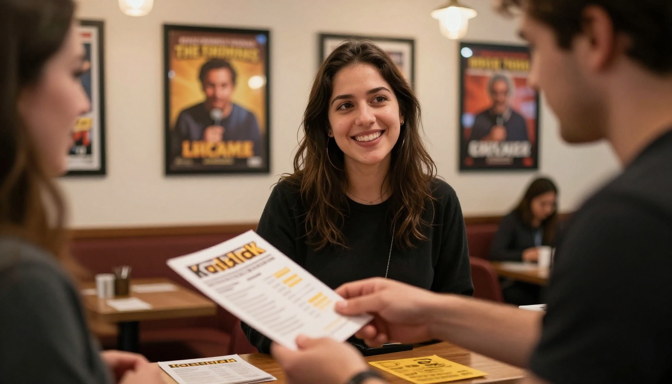 Comedy show host handing a program to an arriving guest in a warmly lit lobby
