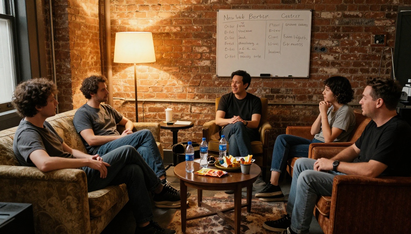 Group of comedians in a backstage green room relaxing before the show