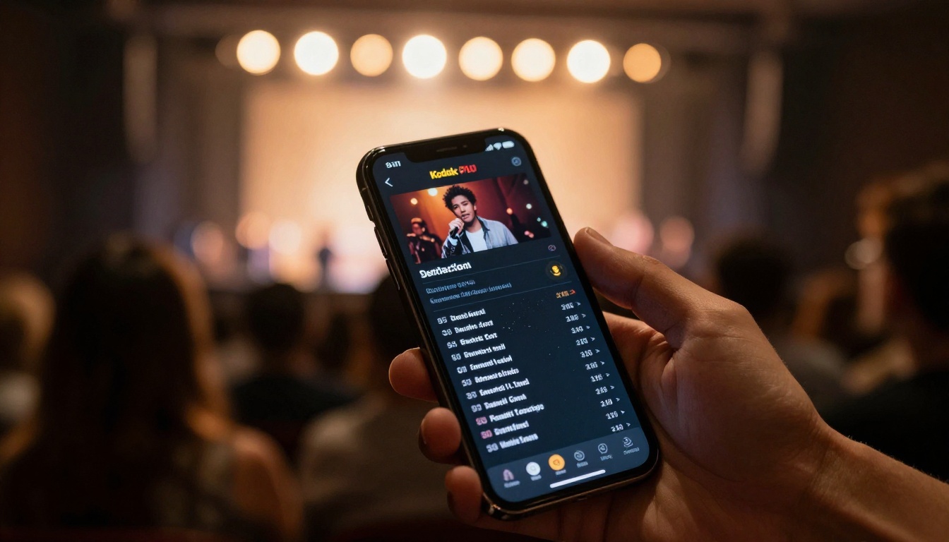 Hand holding phone displaying digital concert program