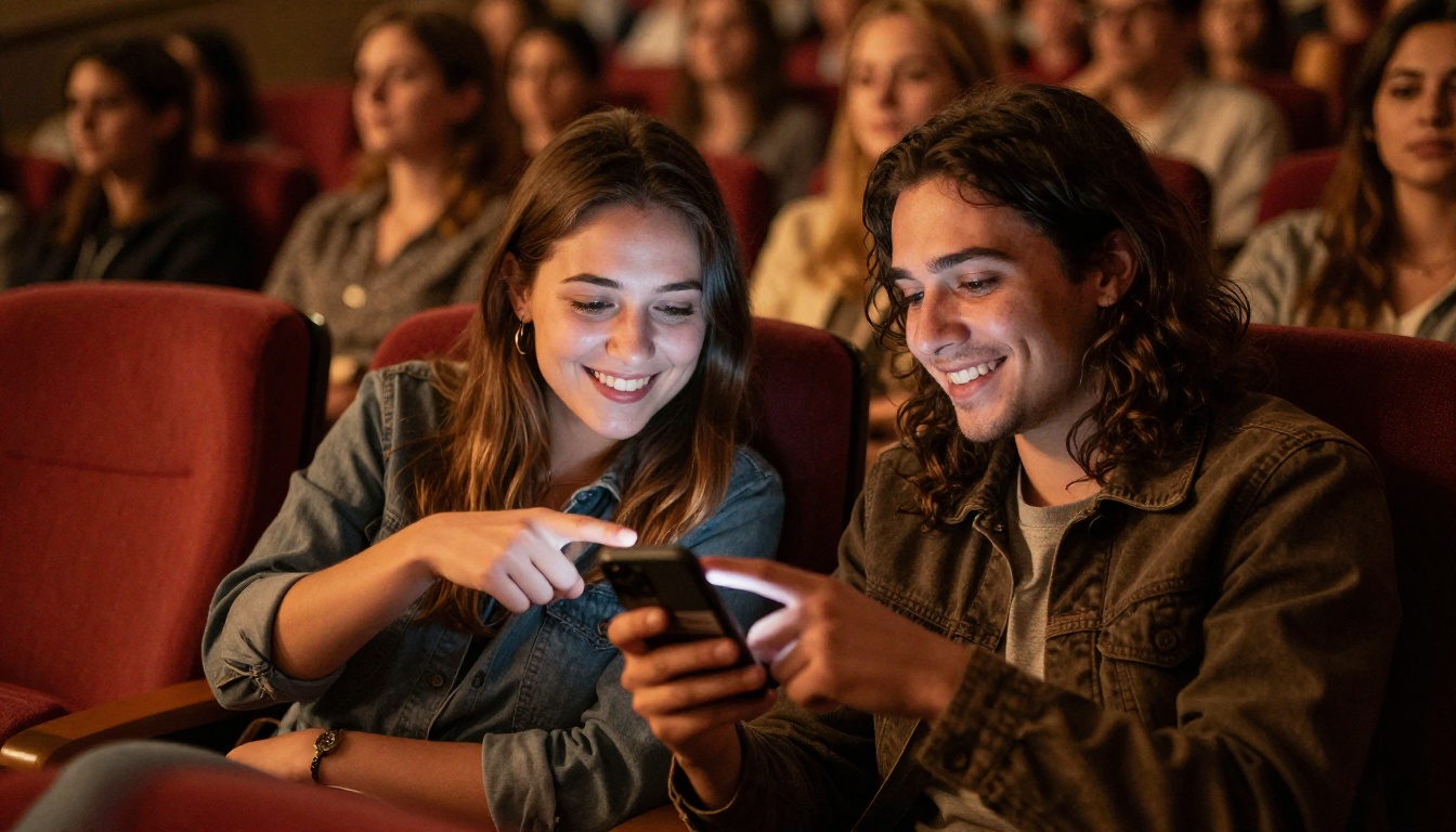 Concert-goers sharing a digital program on smartphone