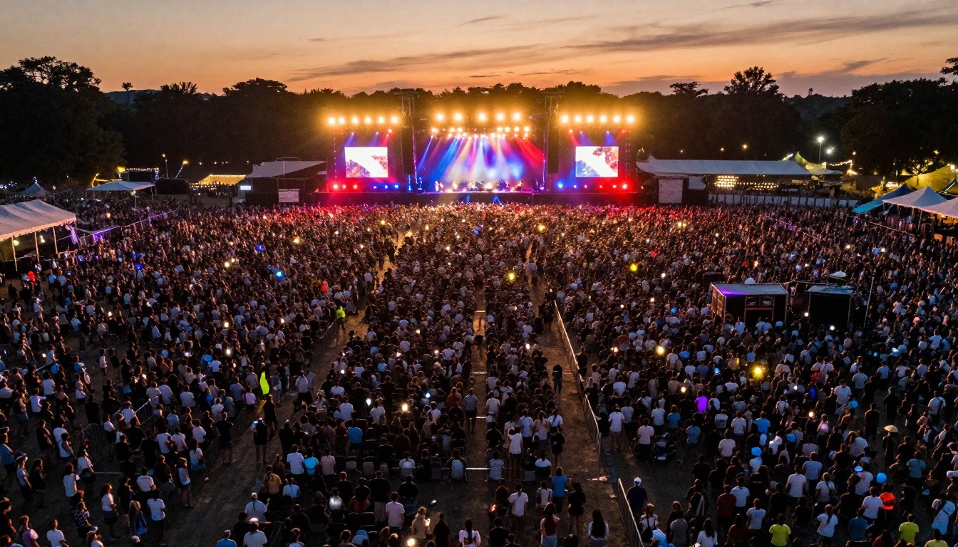 Festival crowd aerial view with phone screens glowing