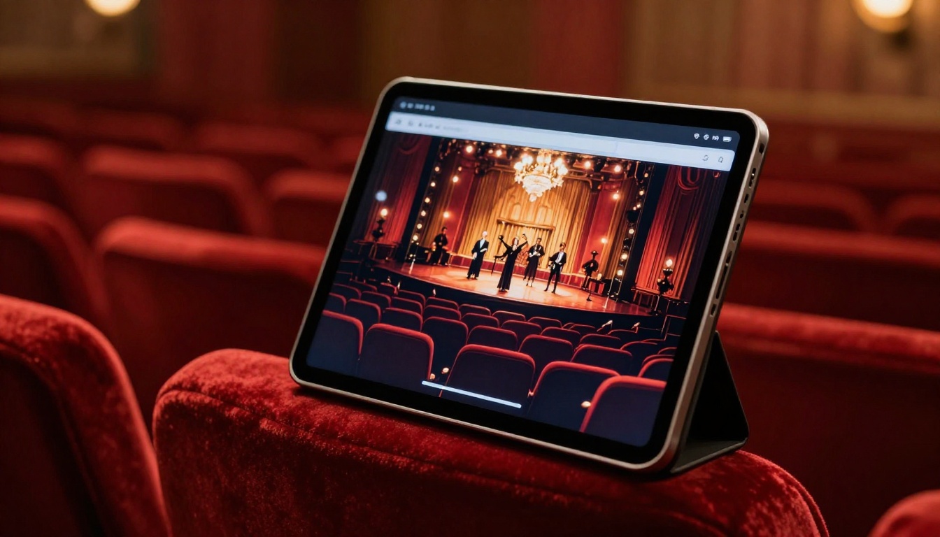 Tablet displaying flipbook concert program on theater seat