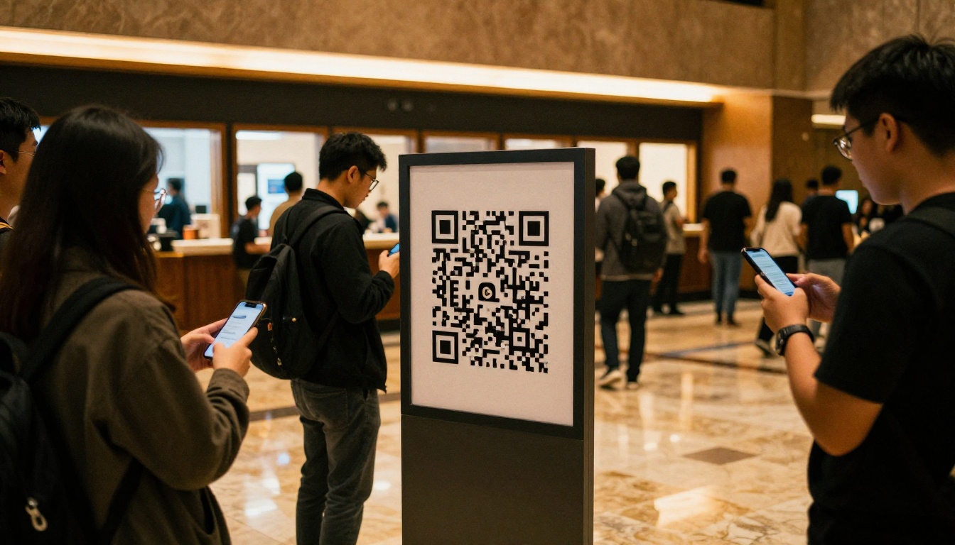 QR code sign at concert venue entrance lobby