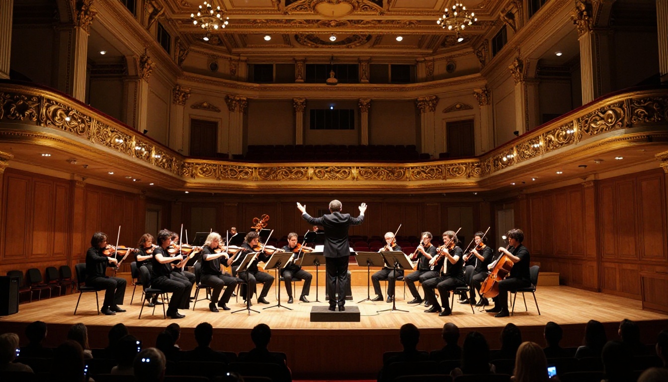 Symphony orchestra performing in grand concert hall
