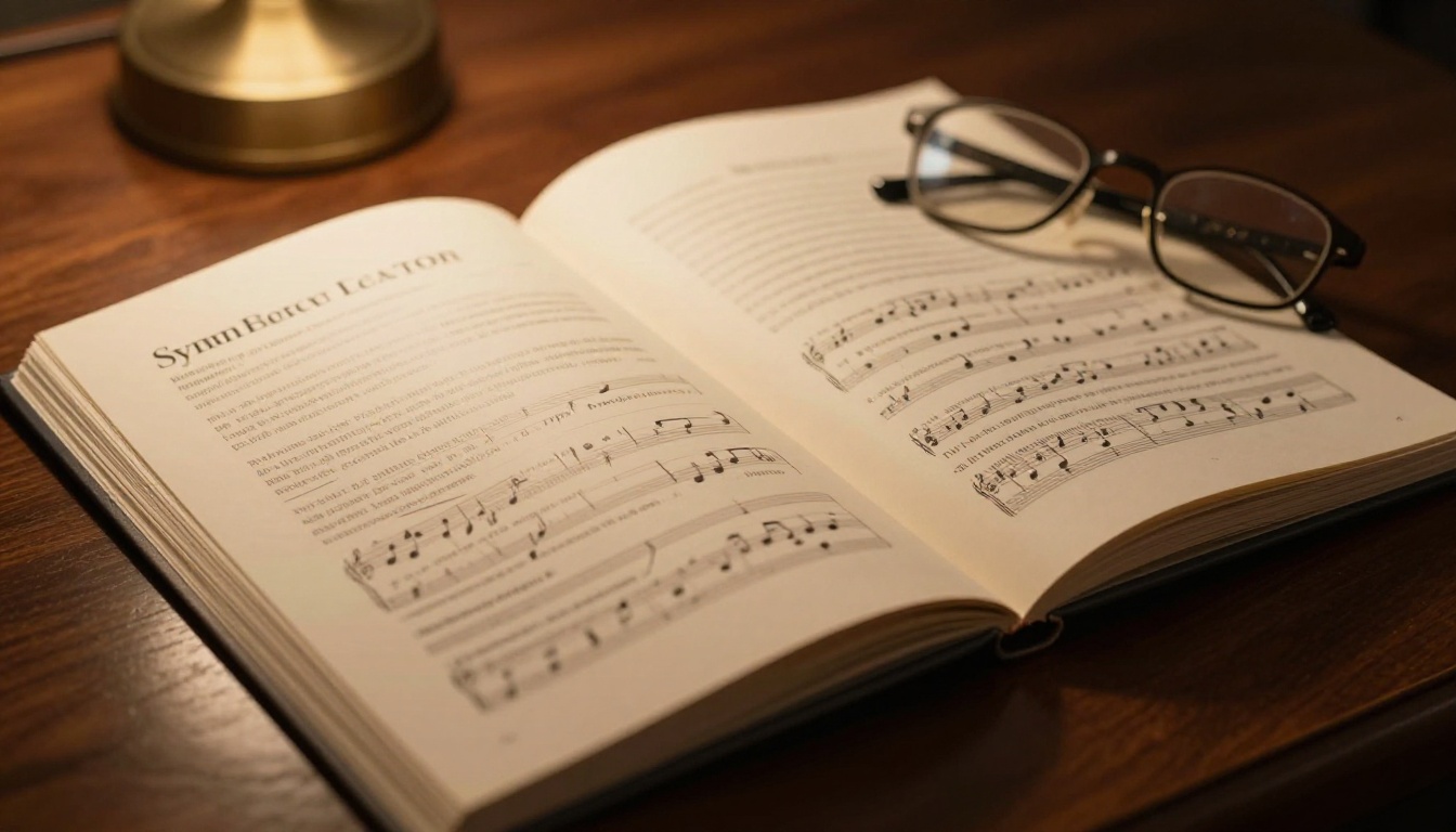 Printed symphony season program open on a polished mahogany table