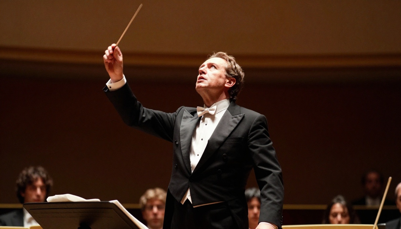 Symphony conductor dramatic low-angle performance shot with warm amber spotlights