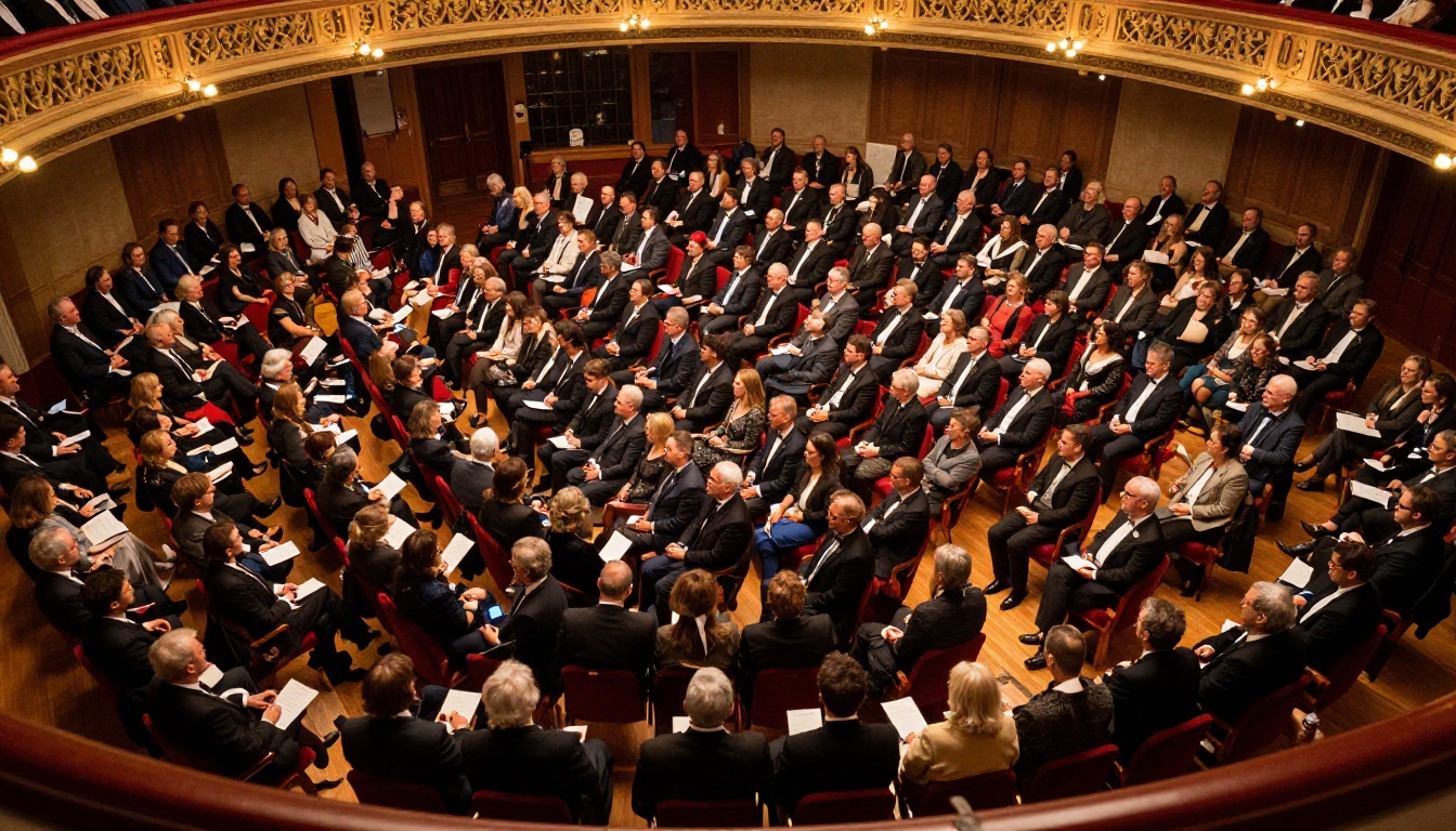 Wide aerial shot of a packed concert hall audience in formal attire