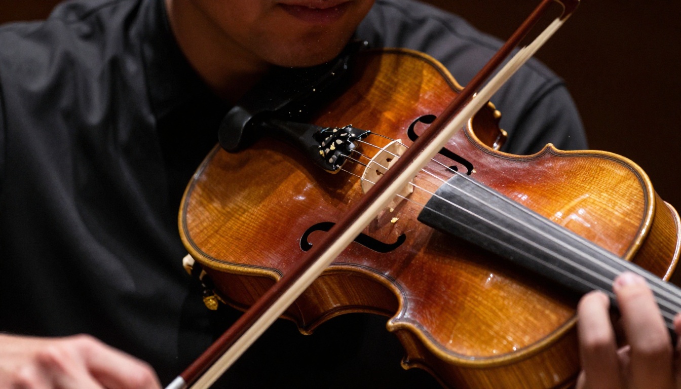 Extreme close-up of a violin being played under warm amber stage lighting