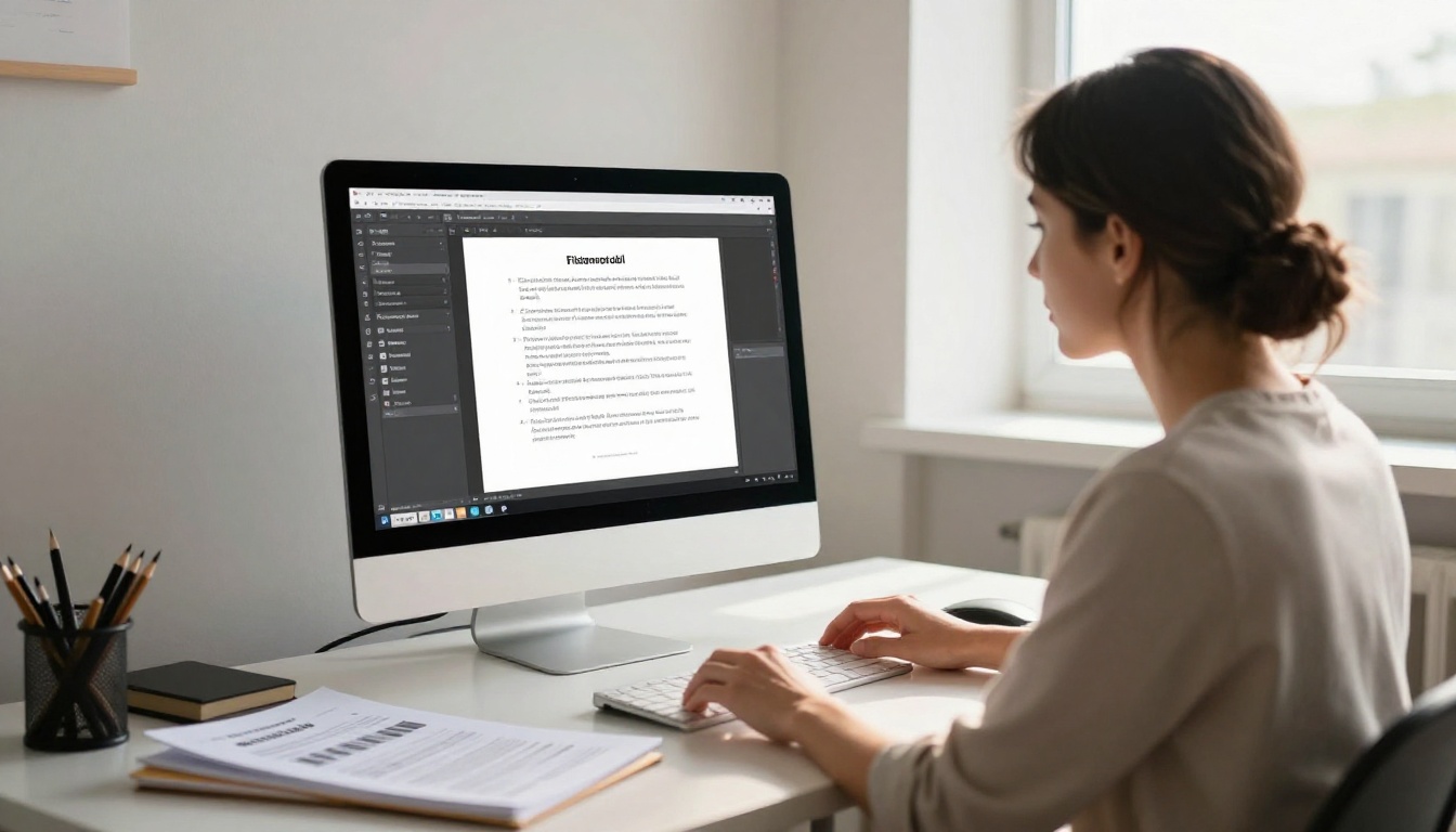 Symphony orchestra marketing professional working on digital program at a modern desk
