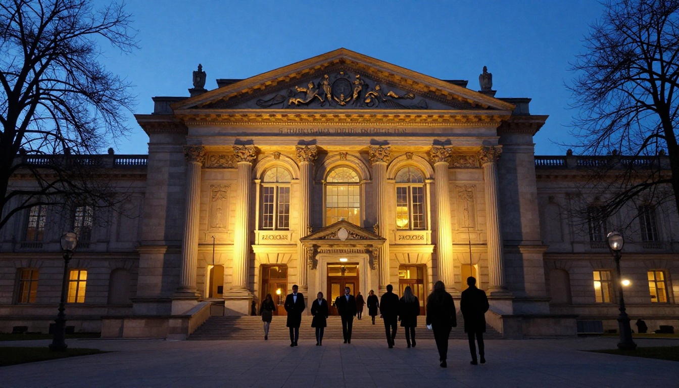 Grand neoclassical concert hall exterior at dusk with concert-goers arriving