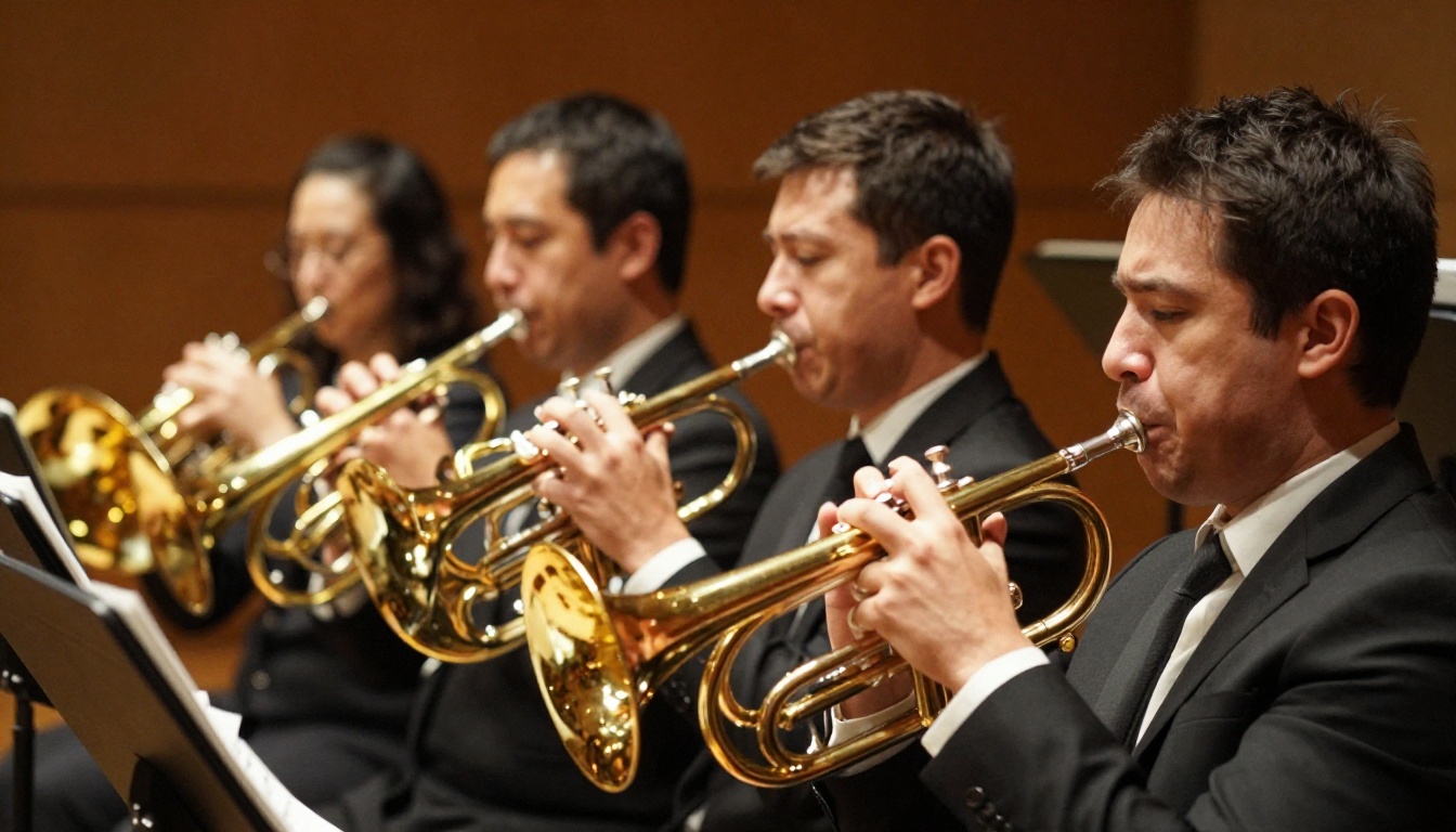 French horn brass section performing in concert under warm golden stage lighting