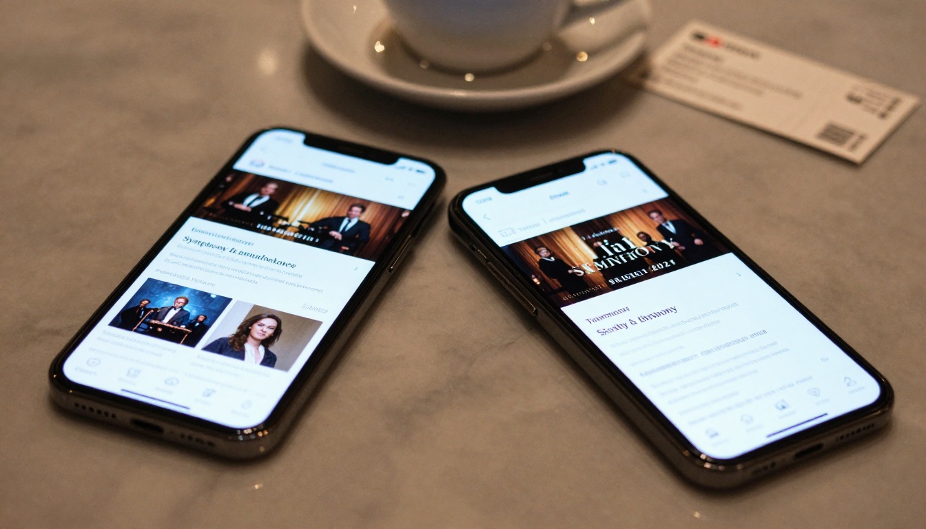 Two smartphones on marble surface displaying digital symphony season program pages
