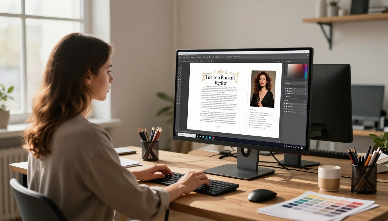 Female graphic designer working on an opera program layout on a large studio monitor Female graphic designer working on an opera program layout on a large studio monitor