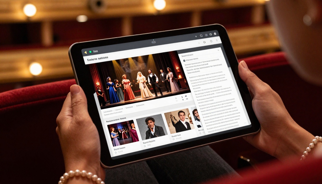 Woman in evening wear holding a tablet showing a digital opera flipbook in a theater seat Woman in evening wear holding a tablet showing a digital opera flipbook in a theater seat