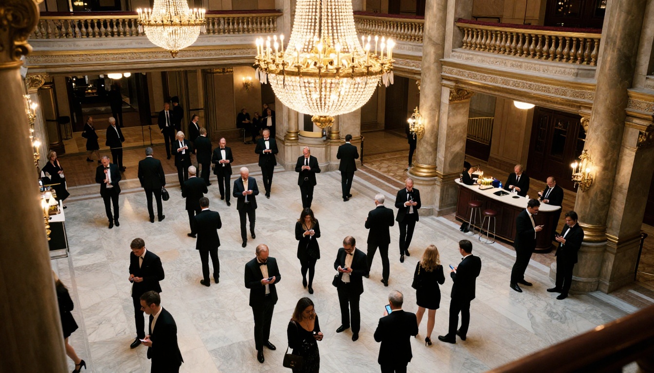 Aerial view of a grand opera house lobby filled with formally dressed patrons Aerial view of a grand opera house lobby filled with formally dressed patrons