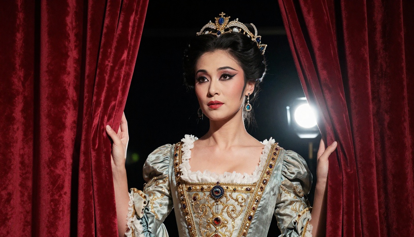 Soprano opera singer in elaborate Victorian costume standing in the wings backstage Soprano opera singer in elaborate Victorian costume standing in the wings backstage