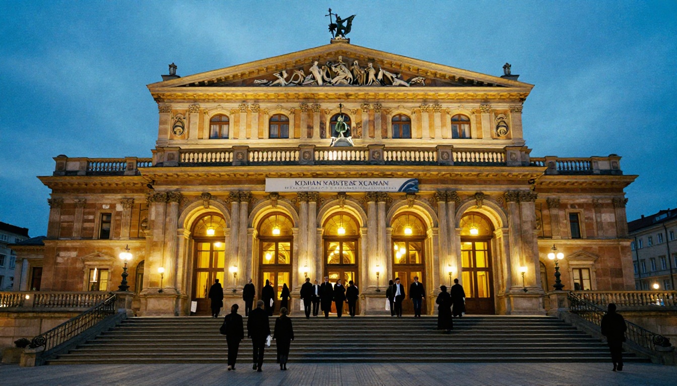 Historic European opera house exterior lit at dusk with formally dressed crowd on steps Historic European opera house exterior lit at dusk with formally dressed crowd on steps