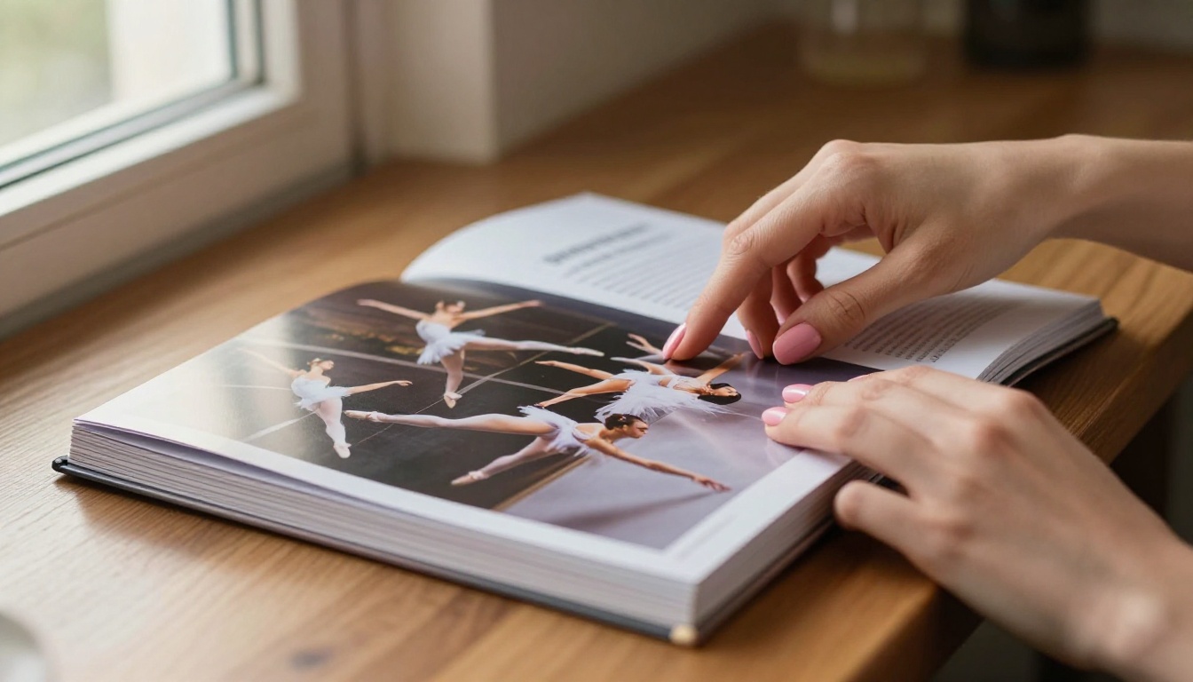Close-up of hands turning pages of a glossy ballet season brochure with warm natural light