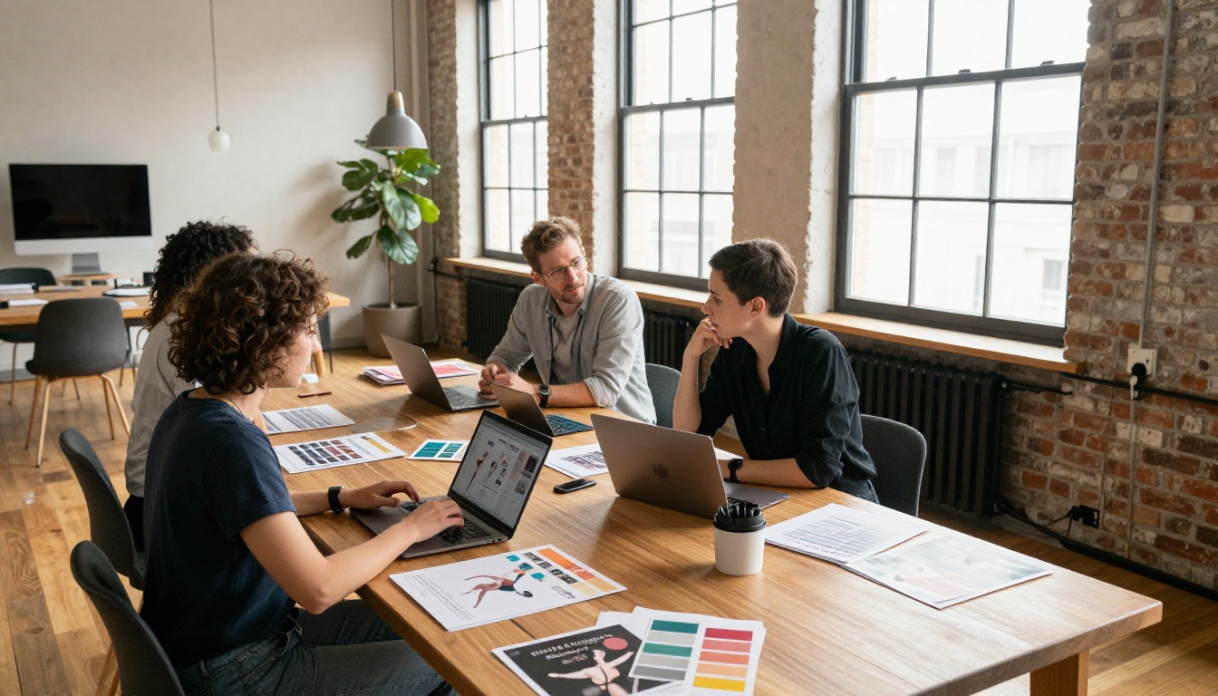 Creative director and marketing team reviewing printed ballet brochures at a wide studio table