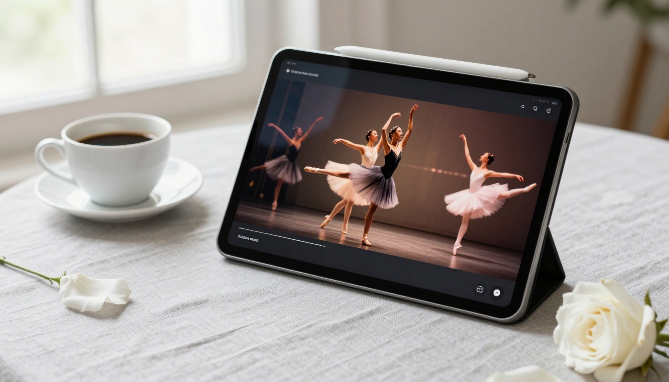 Tablet displaying digital ballet season program on a linen tablecloth beside a coffee cup