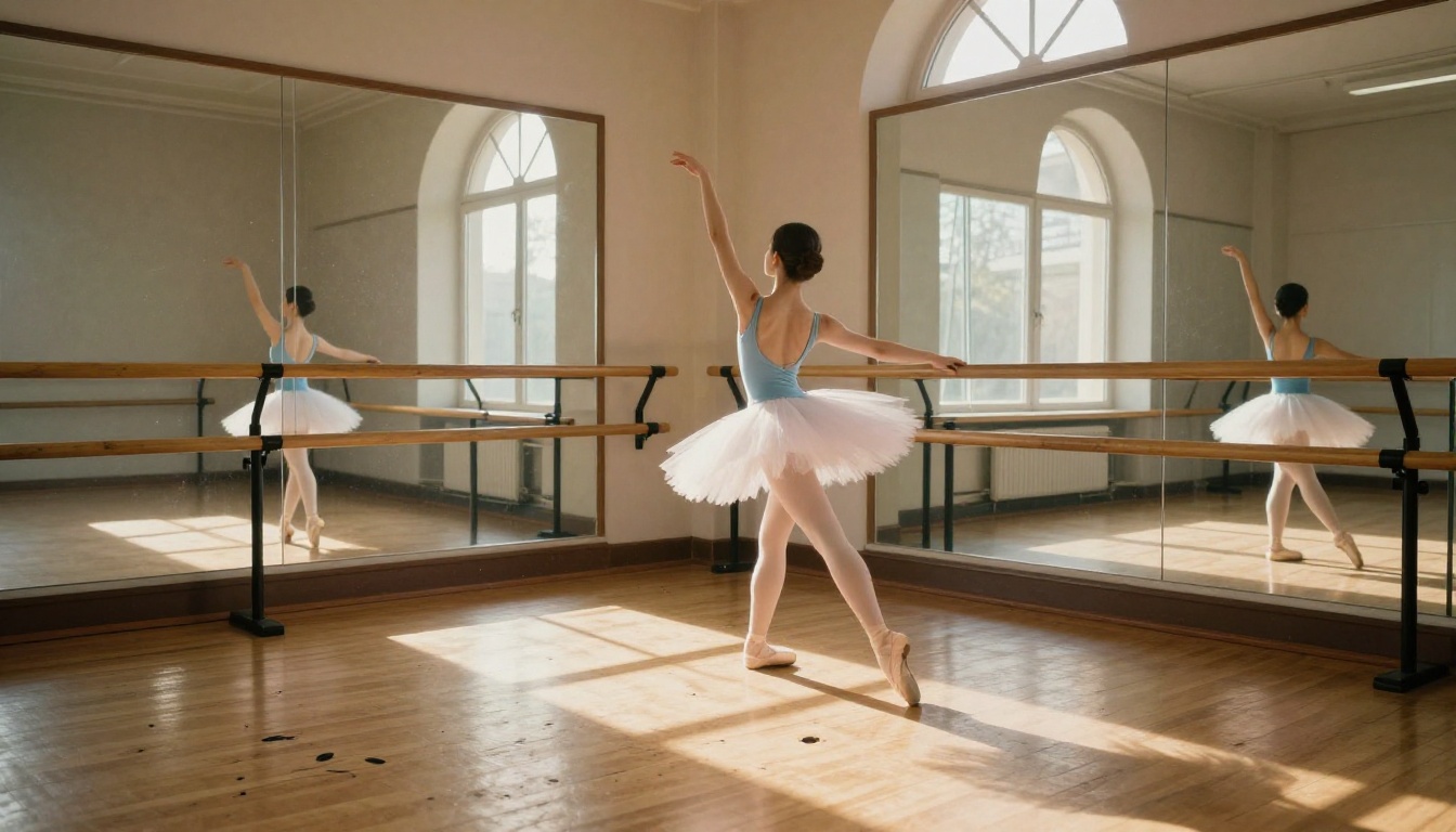 Principal ballerina in powder blue leotard stretching at the barre in a sunlit studio