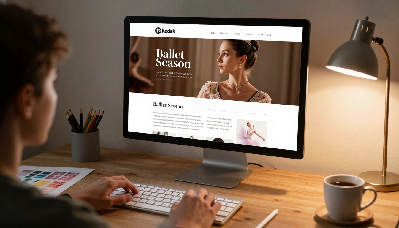 Graphic designer at a professional monitor with a beautifully laid-out ballet season brochure PDF