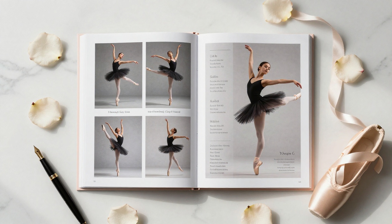 Flat lay of open glossy ballet season brochure with a pointe shoe, rose petals, and fountain pen on marble Flat lay of open glossy ballet season brochure with a pointe shoe, rose petals, and fountain pen on marble
