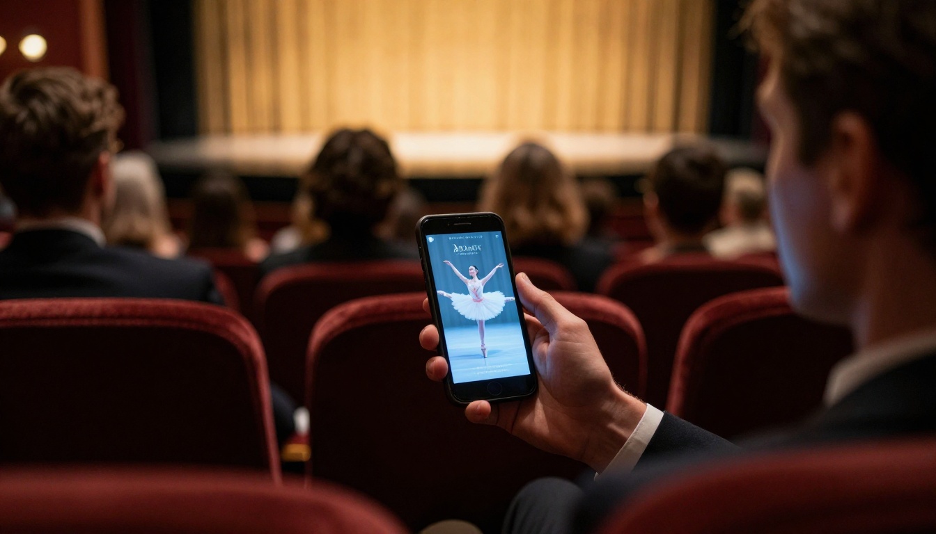 Audience member in formal evening attire viewing digital ballet program on smartphone in a darkened theater Audience member in formal evening attire viewing digital ballet program on smartphone in a darkened theater