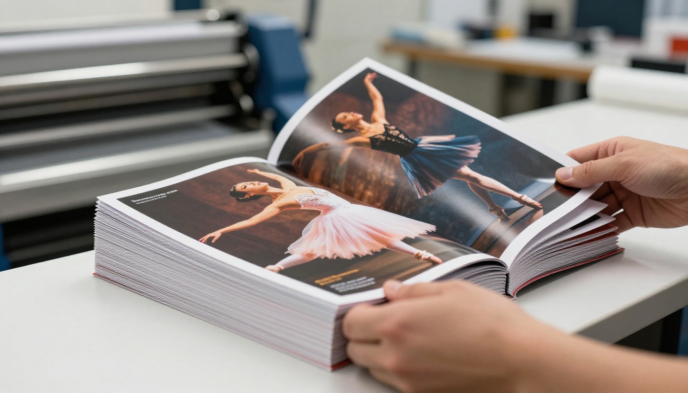 Stack of freshly printed ballet season brochures at a professional print shop with printing presses in the background Stack of freshly printed ballet season brochures at a professional print shop with printing presses in the background